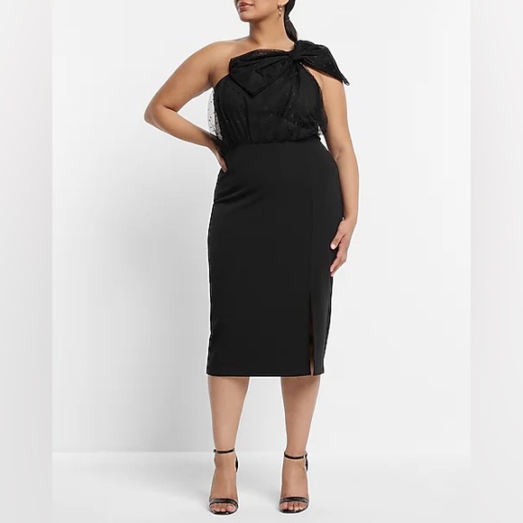 Express Black Mesh Polka Dot One Shoulder Bow Midi Sheath Dress size M - Picture 3 of 14